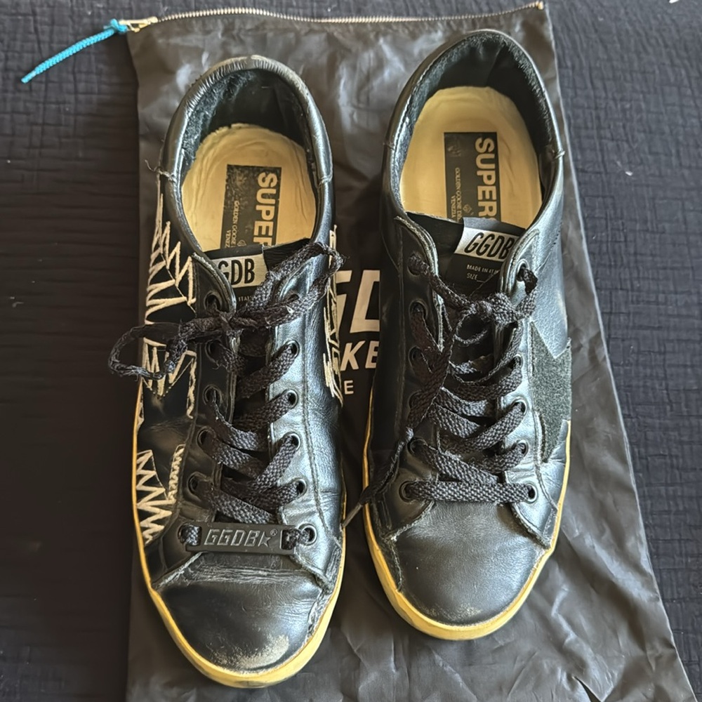 Golden Goose Superstar Black Leather Sneakers White Stitch GGDB Size 41 10 - Picture 3 of 8